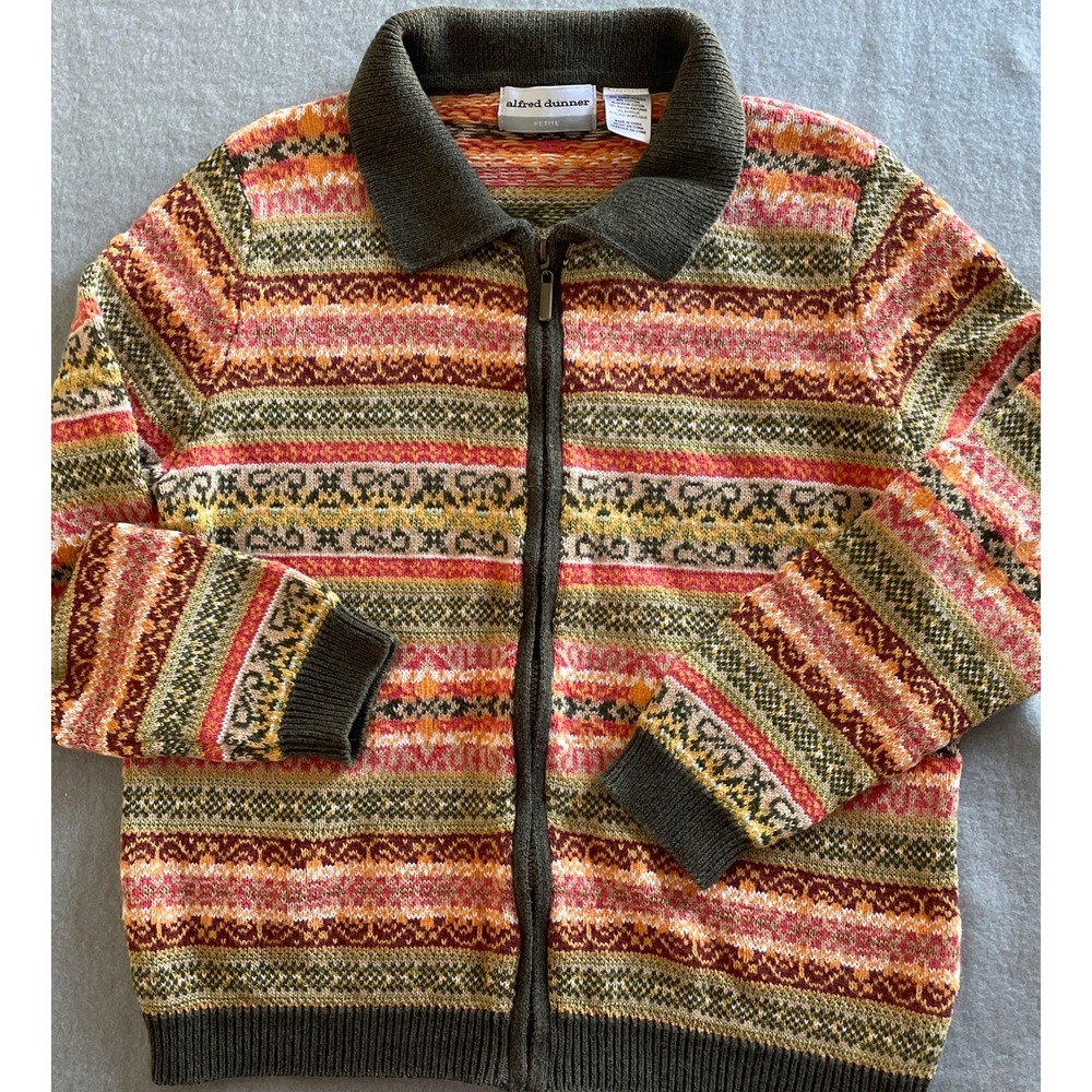 Alfred Dunner Women‎ Knit Sweater Petite Multicolor Zip Up Granny
